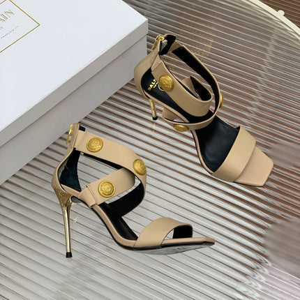 BALMAIN 25S CROSSOVER STRAP HIGH HEELS 95MM IN LIGHT BROWN CALFSKIN