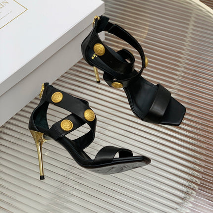 BALMAIN 25S CROSSOVER STRAP HIGH HEELS 95MM IN BLACK CALFSKIN