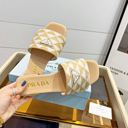 PRA EMBROIDERED SLIDES FLAT BEIGE FABRIC