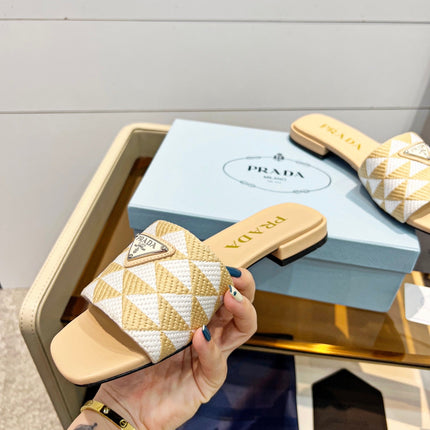 PRA EMBROIDERED SLIDES FLAT BEIGE FABRIC