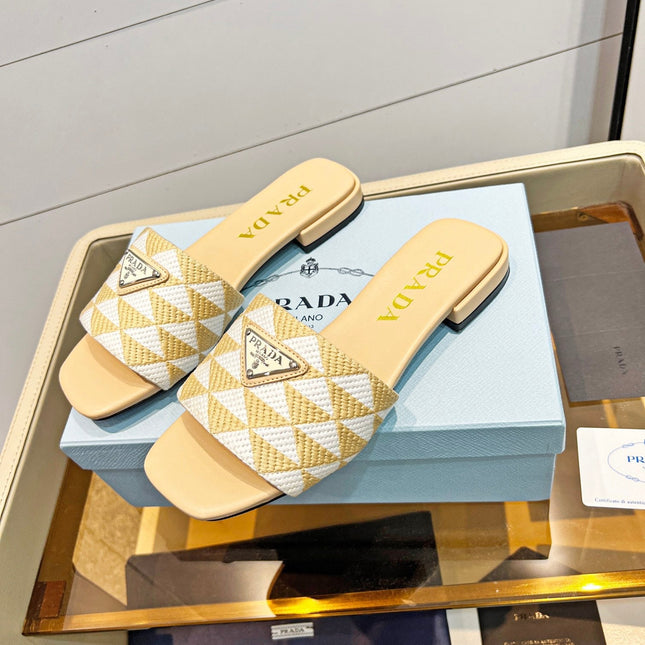 PRA EMBROIDERED SLIDES FLAT BEIGE FABRIC
