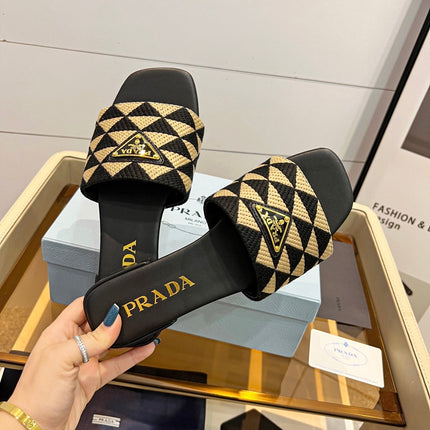 PRA EMBROIDERED SLIDES FLAT BLACK AND BEIGE FABRIC