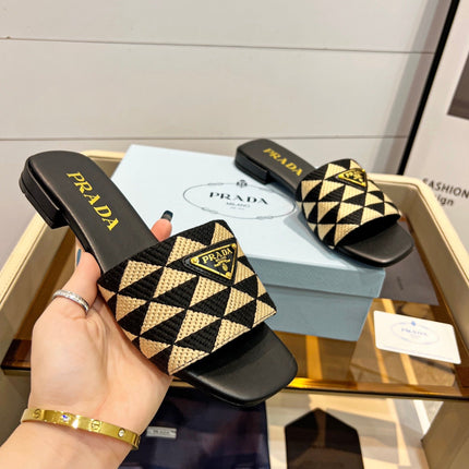 PRA EMBROIDERED SLIDES FLAT BLACK AND BEIGE FABRIC