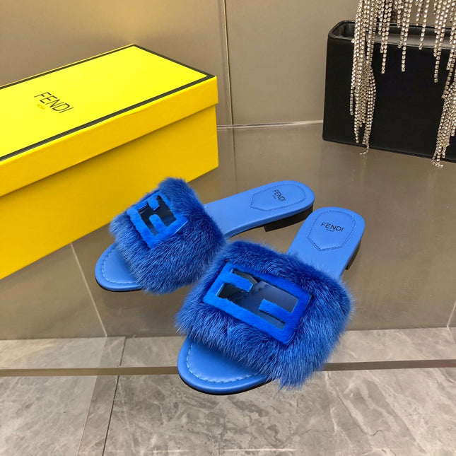 FENDI BAGUETTE MINK SLIDE SLIPPER IN AZURE BLUE FUR