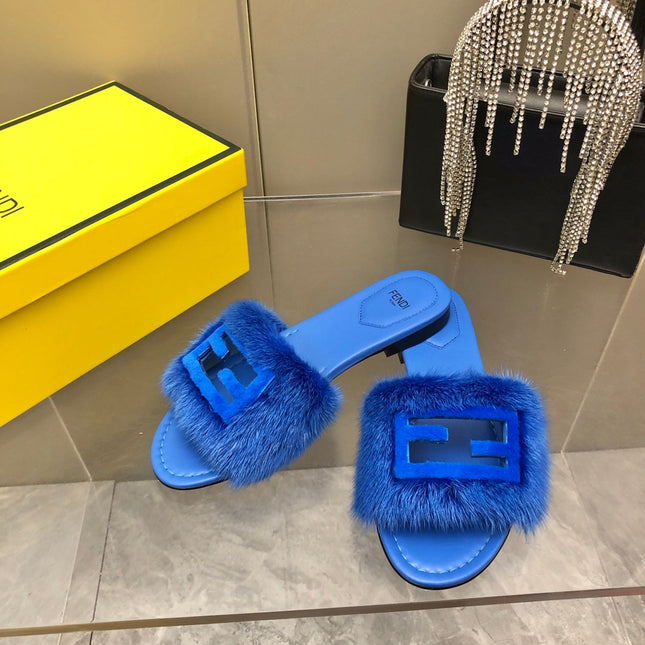 FENDI BAGUETTE MINK SLIDE SLIPPER IN AZURE BLUE FUR