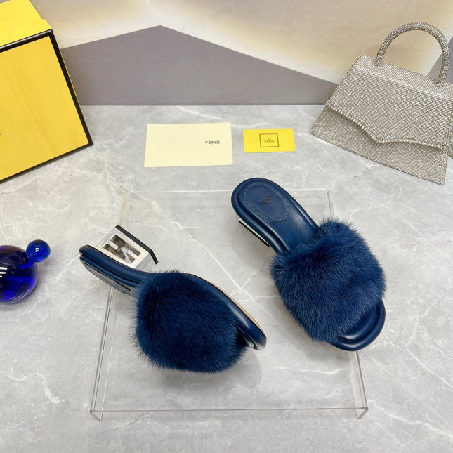 FENDI BAGUETTE MINK MEDIUM-HEELED 45MM IN NAVY BLUE FUR AND LAMBSKIN