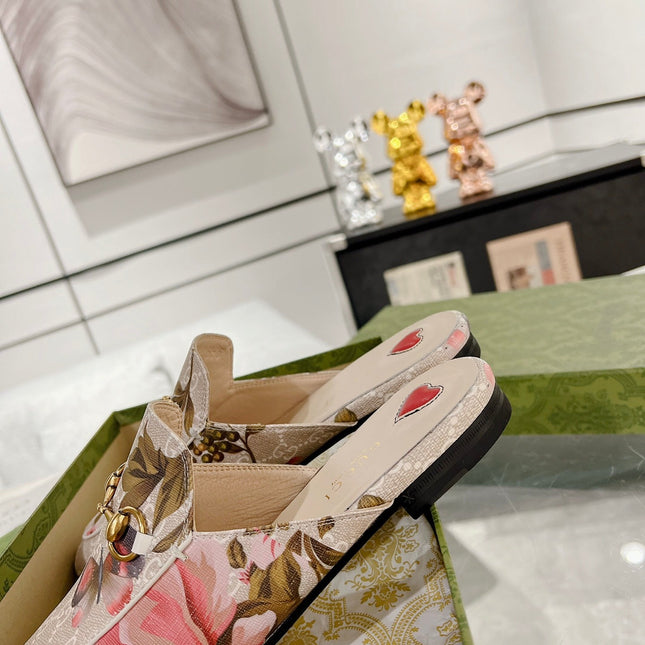 HORSEBIT FLOWER SLIPPER MULE IN LINEN BEIGE MONOGRAM JACQUARD FABRIC