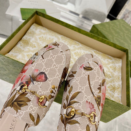 HORSEBIT FLOWER SLIPPER MULE IN LINEN BEIGE MONOGRAM JACQUARD FABRIC