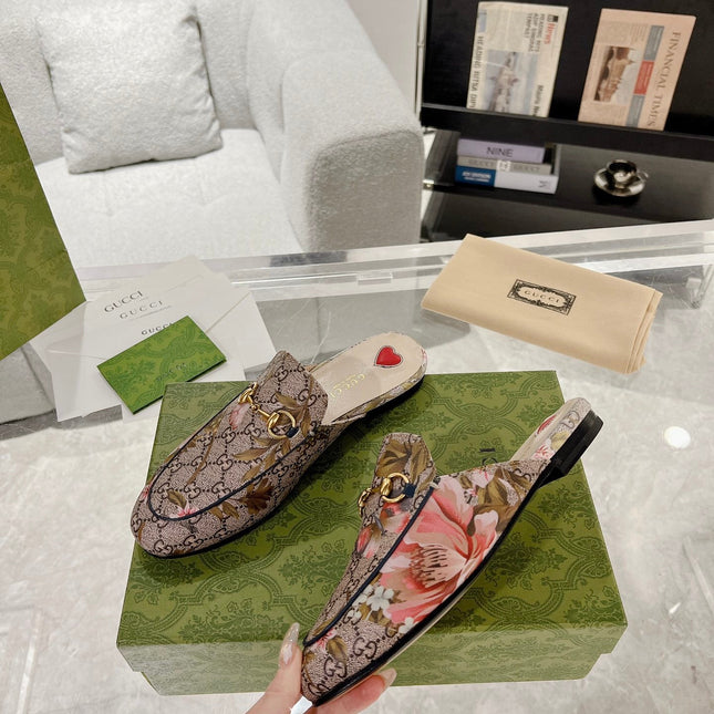 HORSEBIT FLOWER SLIPPER MULE IN DARK BEIGE MONOGRAM JACQUARD FABRIC