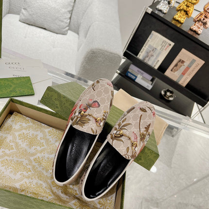 HORSEBIT LOAFER WITH FLOWER PRINT IN LINEN BEIGE MONOGRAM JACQUARD FABRIC