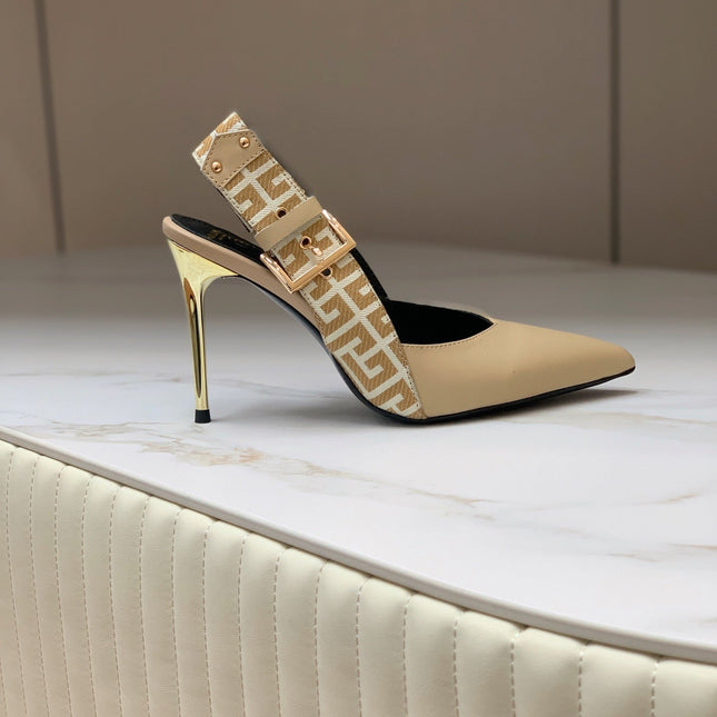 BALMAIN 25S SLINGBACK SHOES 95MM IN LIGHT BROWN CALFSKIN