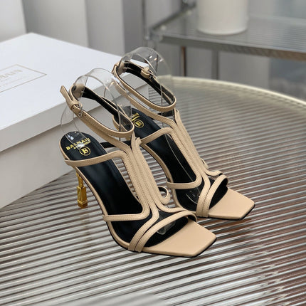 BALMAIN 25S MONETA SANDAL 95MM IN WARM BEIGE CALFSKIN