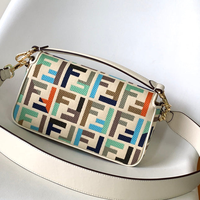 Fend Baguette White and Multicolour Canvas Bag 27 with FF Embroidery Ghw