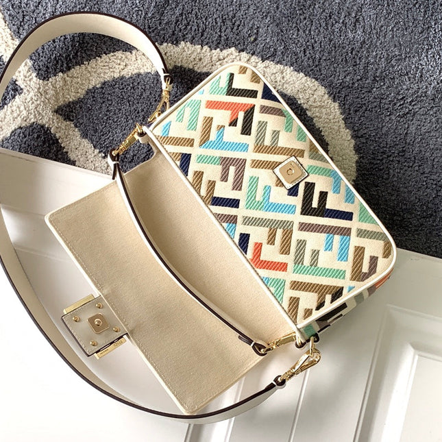 Fend Baguette White and Multicolour Canvas Bag 27 with FF Embroidery Ghw
