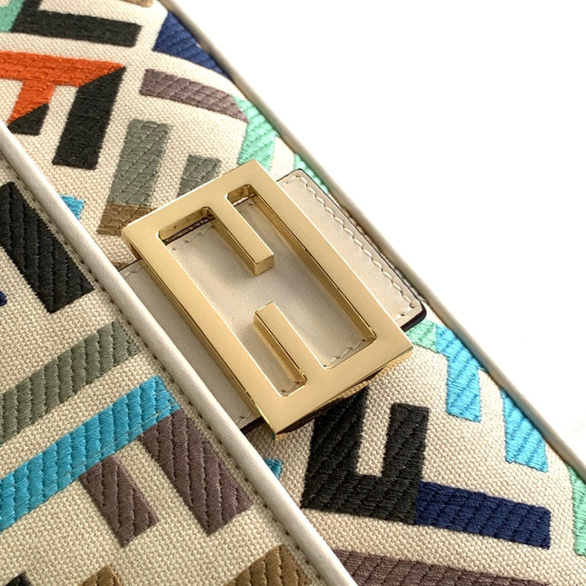Fend Baguette White and Multicolour Canvas Bag 27 with FF Embroidery Ghw