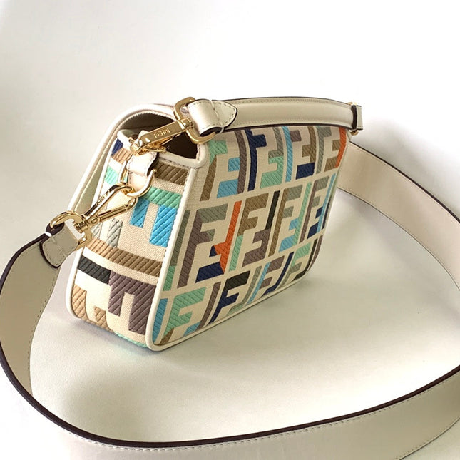 Fend Baguette White and Multicolour Canvas Bag 27 with FF Embroidery Ghw