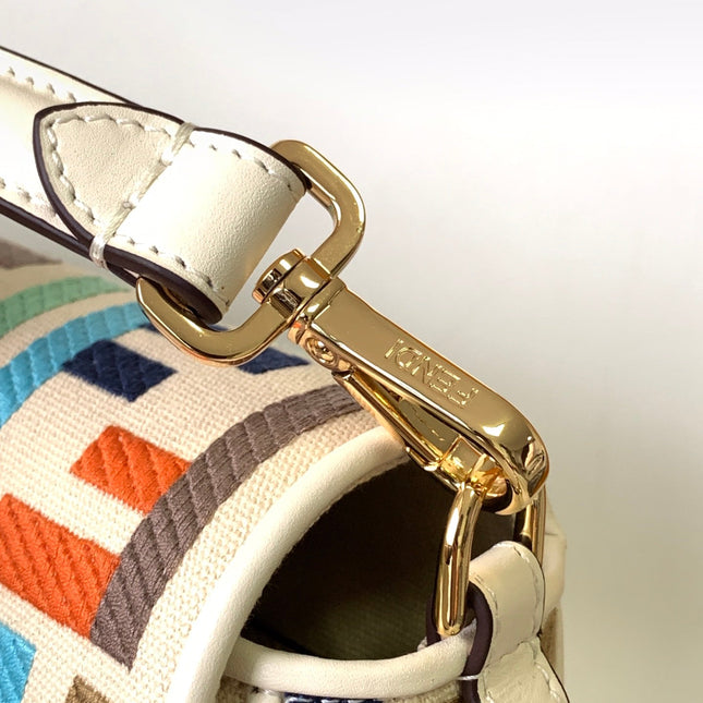 Fend Baguette White and Multicolour Canvas Bag 27 with FF Embroidery Ghw