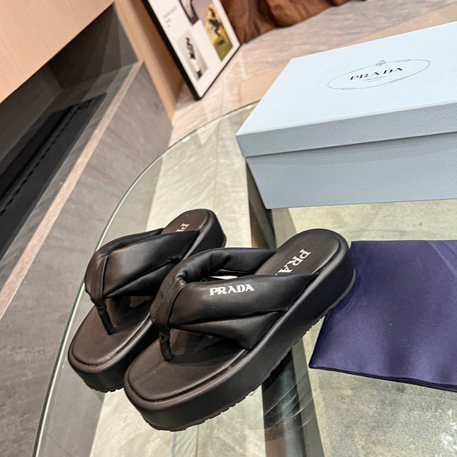 PRA THONG FLATFORM SANDALS BLACK LAMBSKIN