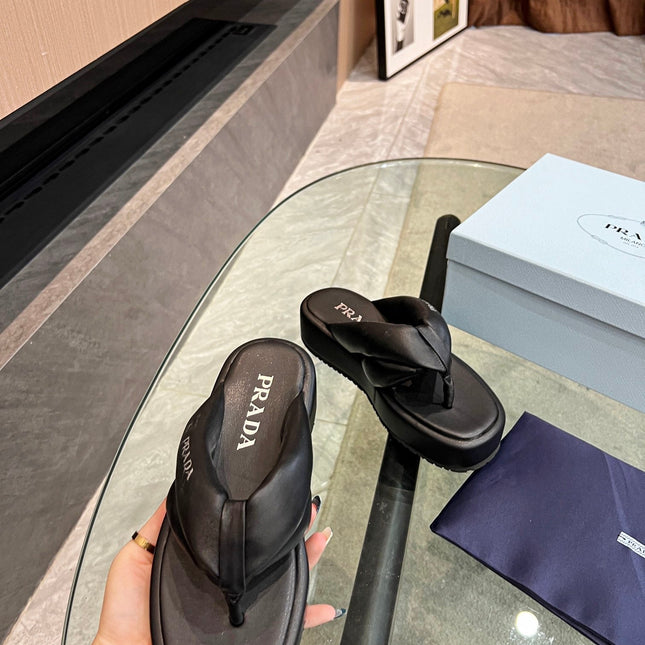 PRA THONG FLATFORM SANDALS BLACK LAMBSKIN