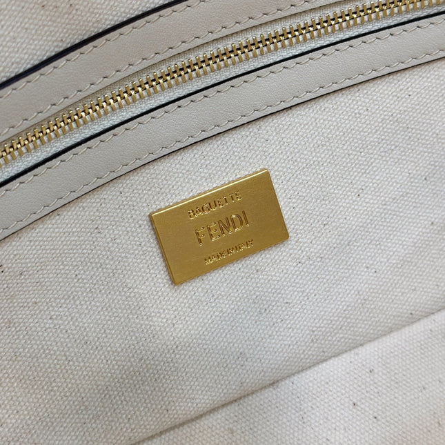BAGUETTE CANVAS 27 BAG WHITE STRAP WITH MULTICOLOUR EMBROIDERY GOLD HARDWARE