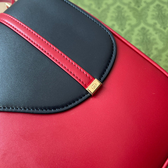 EQUESTRIAN STYLE SHOULDER BAG 21 IN RED MIX BLACK CALFSKIN GOLD HARDWARE