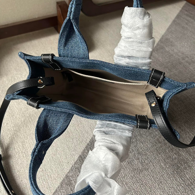 SMALL WOODY TOTE BAG 26.5 IN BLUE DENIM BLACK CALFSKIN