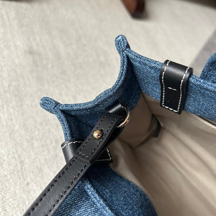 SMALL WOODY TOTE BAG 26.5 IN BLUE DENIM BLACK CALFSKIN