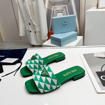 PRA EMBROIDERED SLIDES FLAT GREEN FABRIC