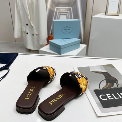 PRA EMBROIDERED SLIDES FLAT CHOCOLATE FABRIC