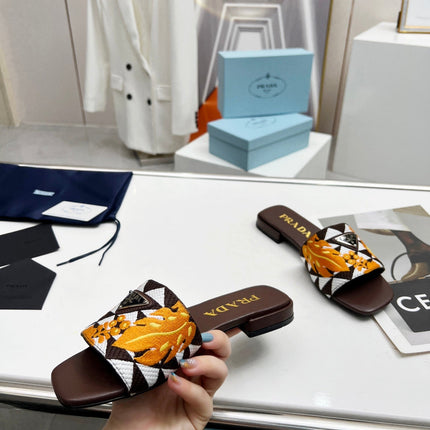 PRA EMBROIDERED SLIDES FLAT CHOCOLATE FABRIC