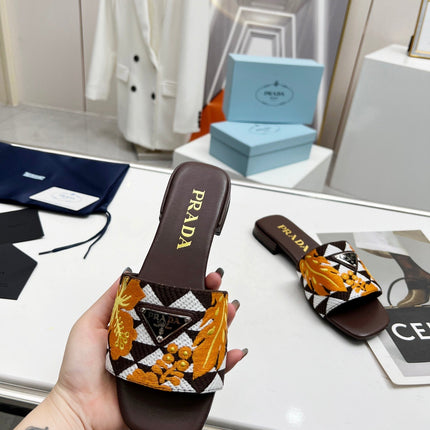 PRA EMBROIDERED SLIDES FLAT CHOCOLATE FABRIC