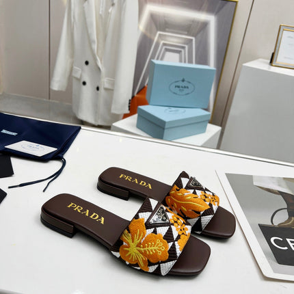 PRA EMBROIDERED SLIDES FLAT CHOCOLATE FABRIC