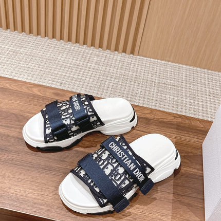 DIOR PLATFORM SLIDES 25S 30 MM IN MIDNIGHT BLUE MIX WHITE FABRIC AND CALFSKIN