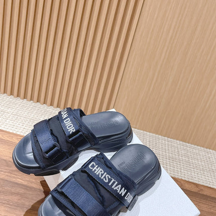 DIOR PLATFORM SLIDES 25S 30 MM IN MIDNIGHT BLUE FABRIC AND CALFSKIN