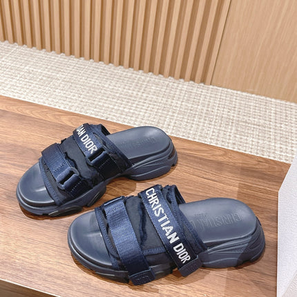 DIOR PLATFORM SLIDES 25S 30 MM IN MIDNIGHT BLUE FABRIC AND CALFSKIN