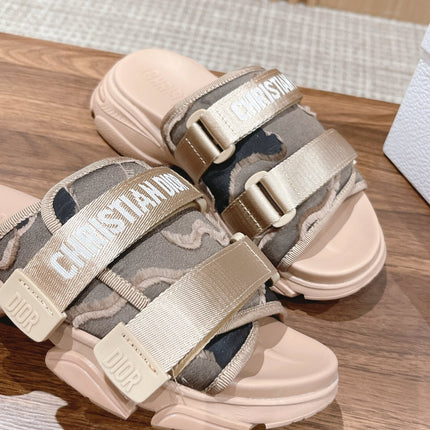DIOR PLATFORM SLIDES 25S 30 MM IN MOSS GREEN FABRIC AND NUDE CALFSKIN