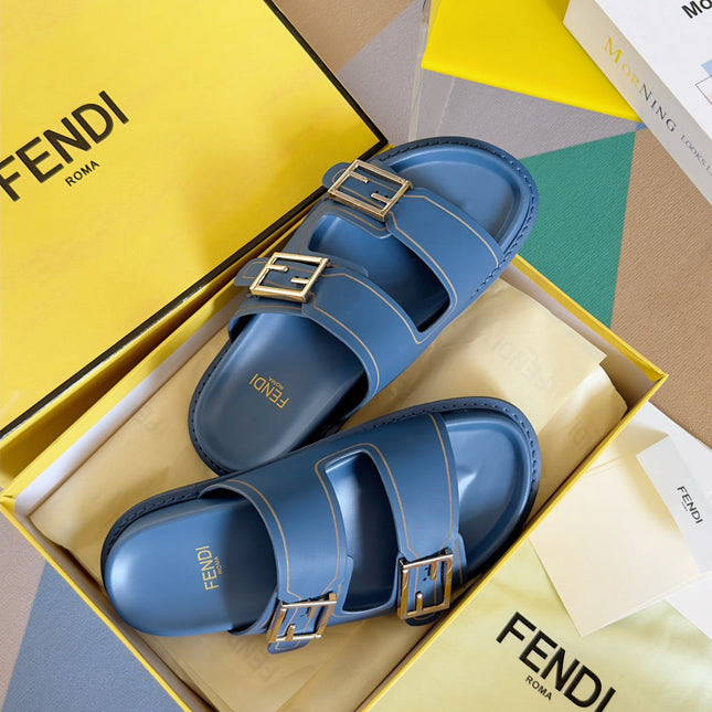 FENDI BAGUETTE DAD SANDALS IN CERULEAN BLUE CALFSKIN
