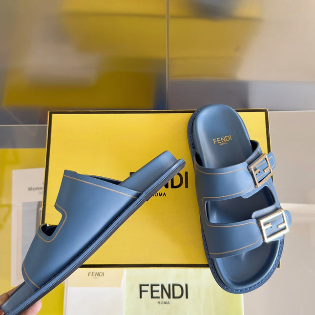 FENDI BAGUETTE DAD SANDALS IN CERULEAN BLUE CALFSKIN