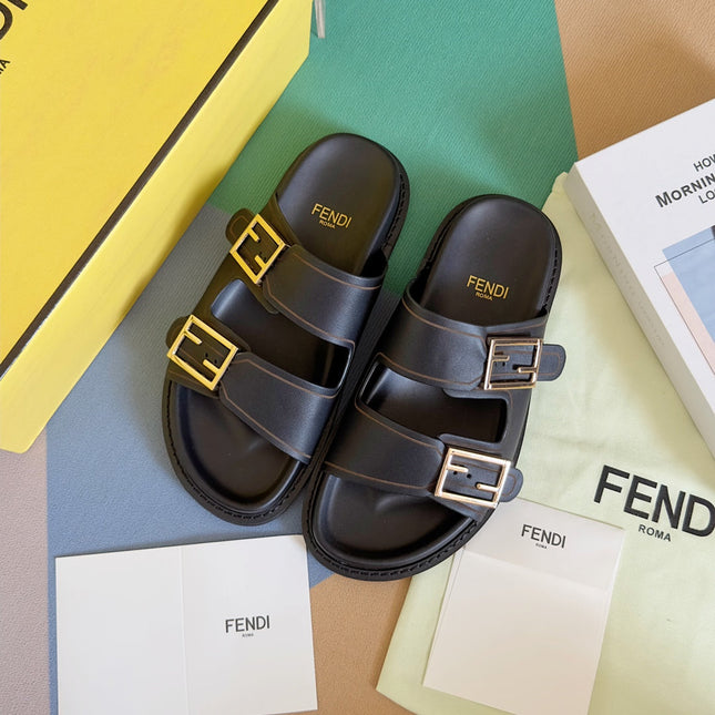 FENDI BAGUETTE DAD SANDALS IN BLACK CALFSKIN WITH GOLD HARDWARE