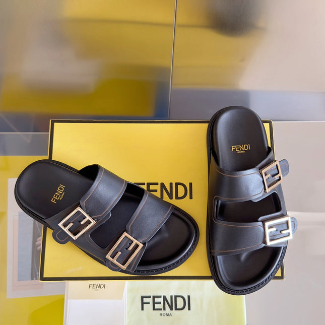 FENDI BAGUETTE DAD SANDALS IN BLACK CALFSKIN WITH GOLD HARDWARE
