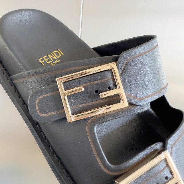 FENDI BAGUETTE DAD SANDALS IN BLACK CALFSKIN WITH GOLD HARDWARE