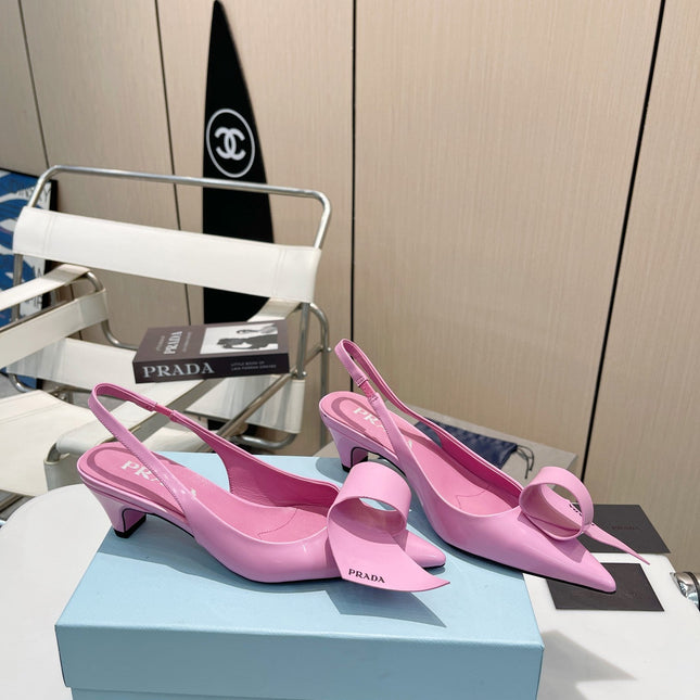 POINTED TOE SLINGBACK KITTEN HEEL WITH BOW IN PINK GLOSSY LAMBSKIN