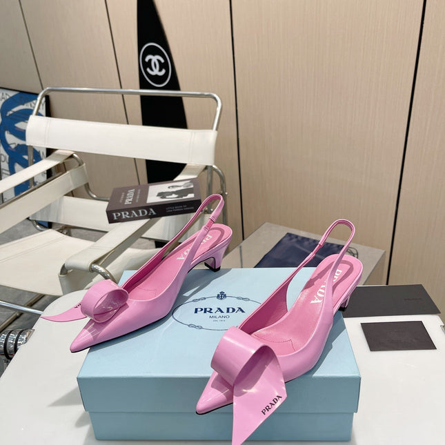POINTED TOE SLINGBACK KITTEN HEEL WITH BOW IN PINK GLOSSY LAMBSKIN