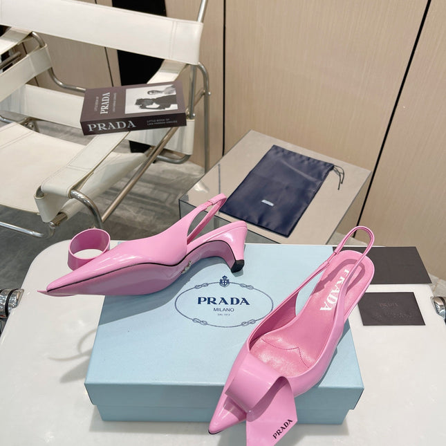 POINTED TOE SLINGBACK KITTEN HEEL WITH BOW IN PINK GLOSSY LAMBSKIN