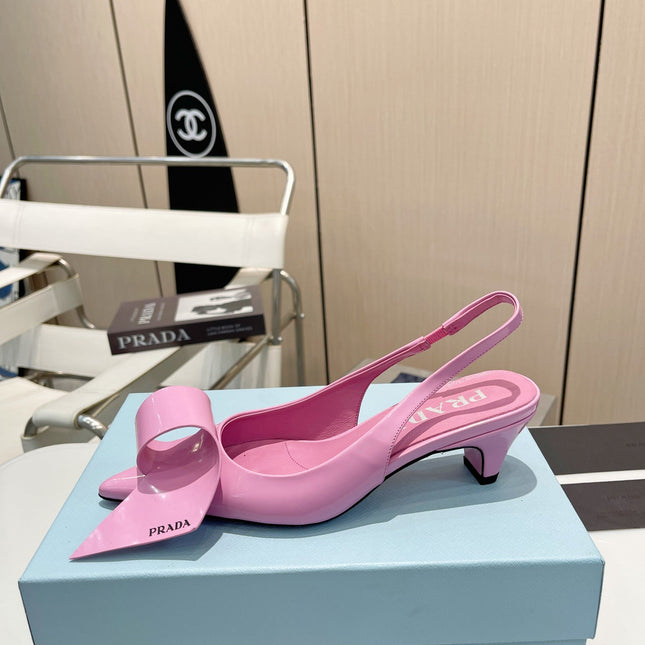 POINTED TOE SLINGBACK KITTEN HEEL WITH BOW IN PINK GLOSSY LAMBSKIN