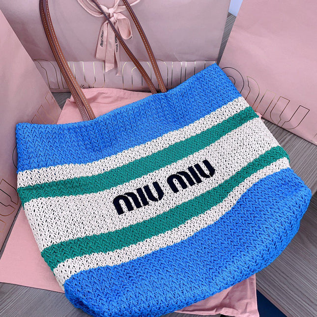 TOTE BAG 40 IN STRIPED PATTERN OF BLUE GREEN AND CREAM WHITE WOVEN RAFFIA