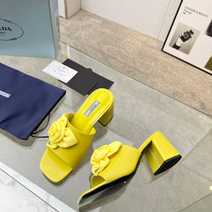 PRA FLOWER BLOCK HEELS 75 LEMON CALFSKIN