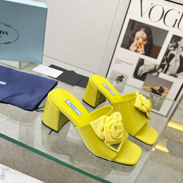 PRA FLOWER BLOCK HEELS 75 LEMON CALFSKIN