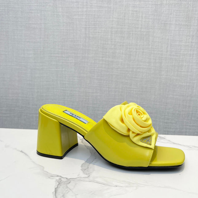 PRA FLOWER BLOCK HEELS 75 LEMON CALFSKIN
