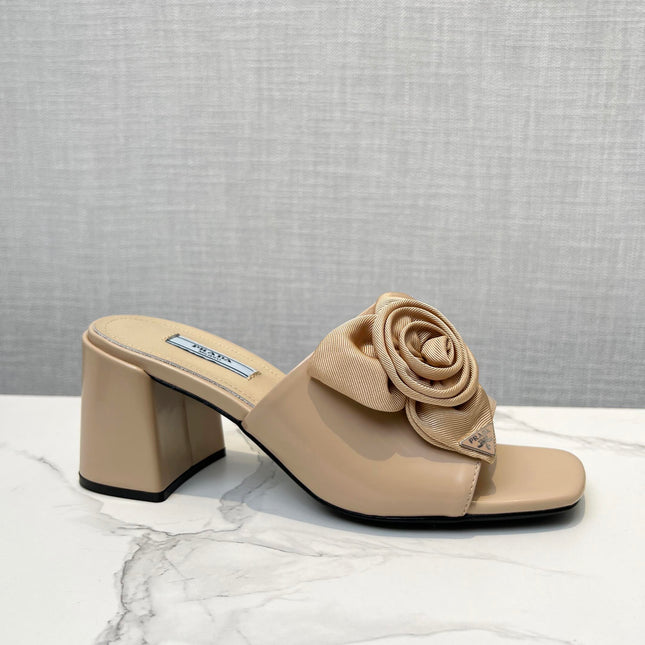 PRA FLOWER BLOCK HEELS 75 BEIGE CALFSKIN
